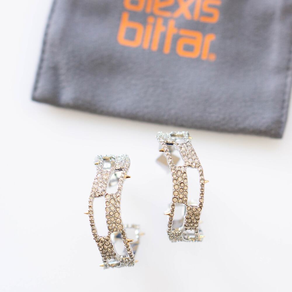Alexis Bittar Pave Checkerboard Crystal Hoop Earrings Silver